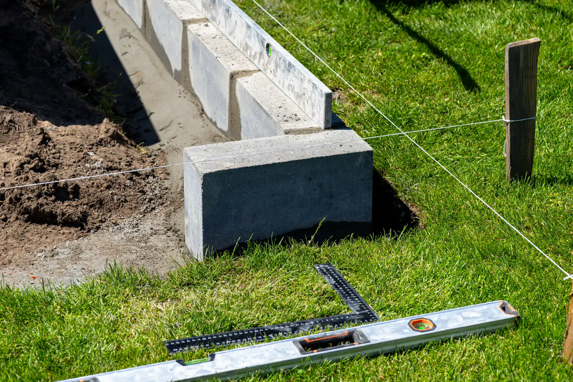 Betonblokke til havegærde under installation på græsplæne.