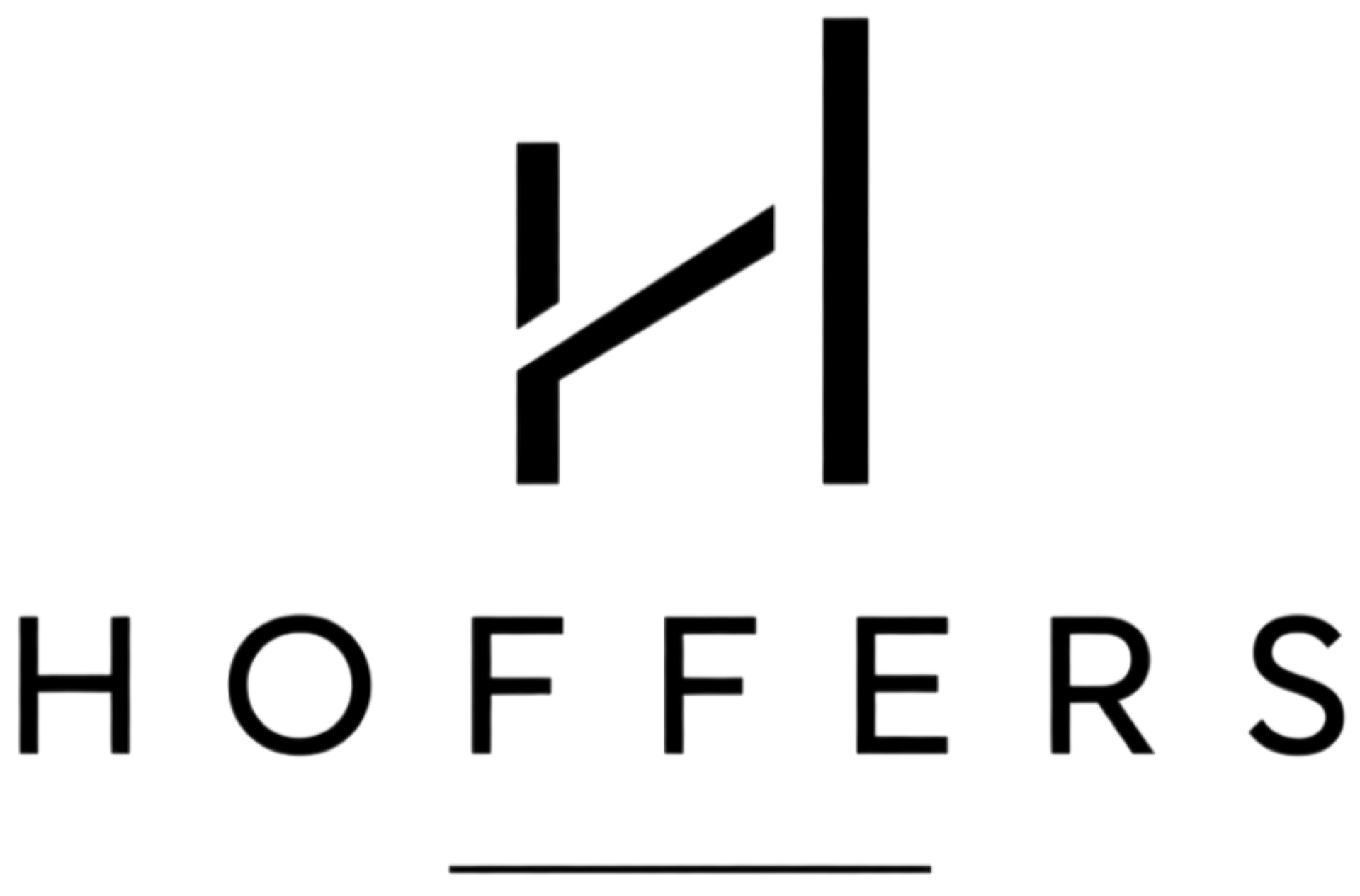 Hoffers logo med tekst og grafisk element i sort og hvid.